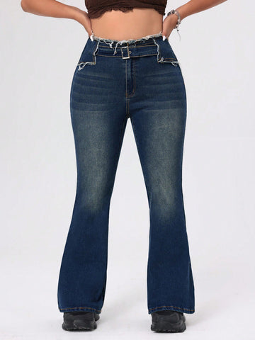 Plus Size Fitted Flare Jeans With Frayed Hem