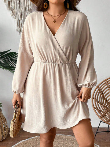 Plus Size Solid Color Wrap Dress With Lantern Sleeves