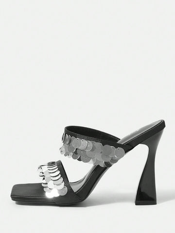 Women's Fashionable Square Toe Glitter High Heel Sandals