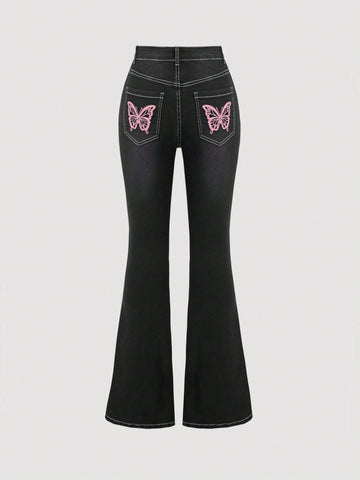 Women's Butterfly Embroidery Flared Jeans