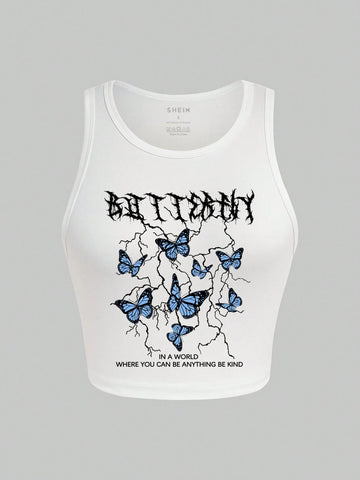 Women's Sleeveless Butterfly & Letter Printed Tank Top