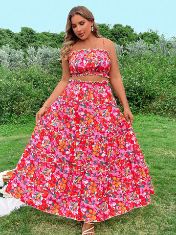 Plus Size Floral Printed Crop Top With Spaghetti Straps And Midi Skirt Set