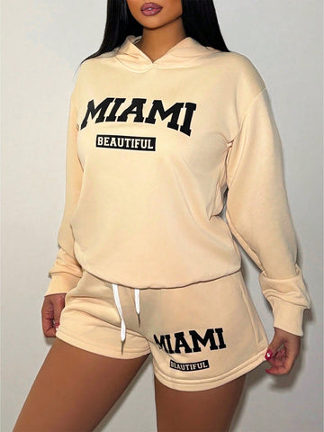 Women's Letter Printed Hoodie And Shorts Set