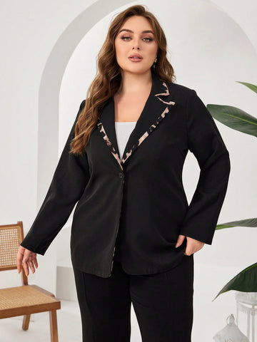 Leopard Print Plus Size Peak Collar Fashion Suit With Contrast Details