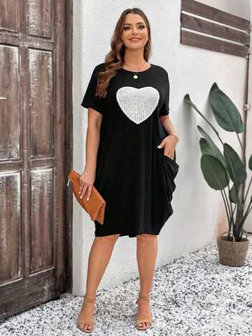 Plus Size Valentine's Day Beaded Heart Pattern Short Sleeve Dress