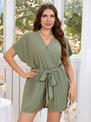 Plus Size Ladies' Solid Color Batwing Short Sleeve Pleated Jumpsuits
