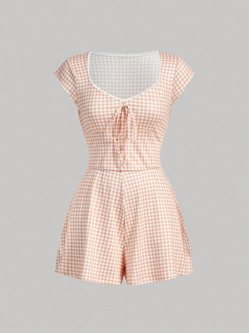 Gingham Print Sweetheart Neck Bow Front Romper