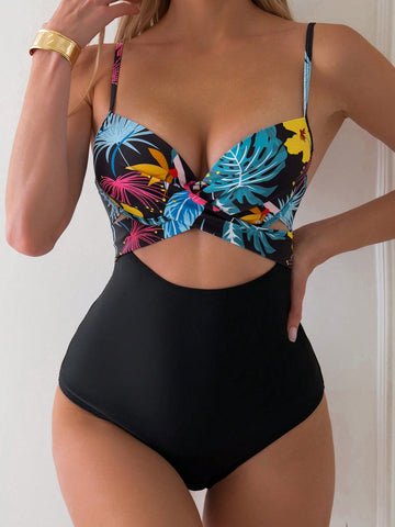 Women's Tropical Print Spliced Hollow Out One-Piece Swimsuit