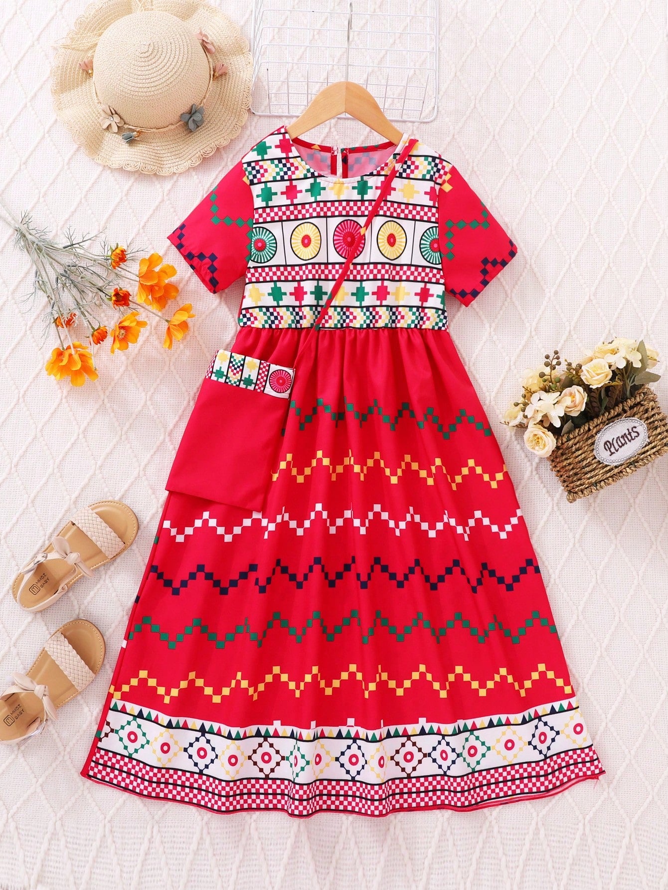 Young Girls' Geometric Printed Short Sleeve Party Dress, Summer