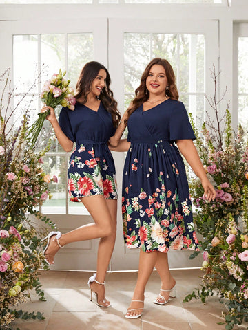 Plus Size Women's Floral Print Shirred Waist Dress