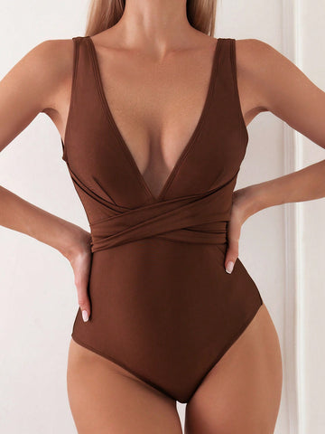Solid Color Deep V-Neck One-Piece Backless Swimsuit