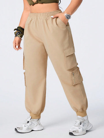 Plus Size Elastic Waist Flap Pocket Jogger Cargo Pants