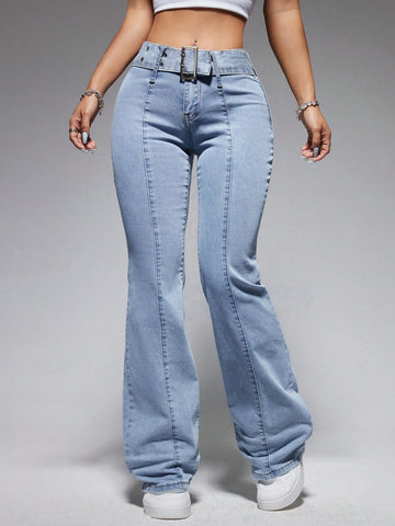 Low Waist Jeans With Metal Eyelet Detailing And Decorative Pockets