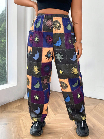 Plus Size Women's Elastic Waist Star & Moon Print Pocketed Pants