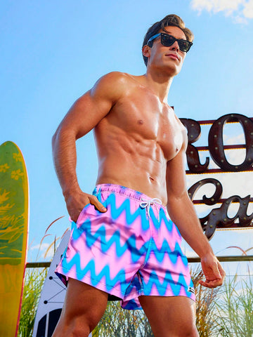 Men's Blue Pink Colorblock Drawstring Waist Beach Shorts, For Summer, Swimming