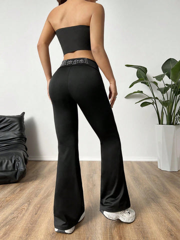 American Style High-Waist Flare Pants With Folded Waistband And Rhinestone For Ladies