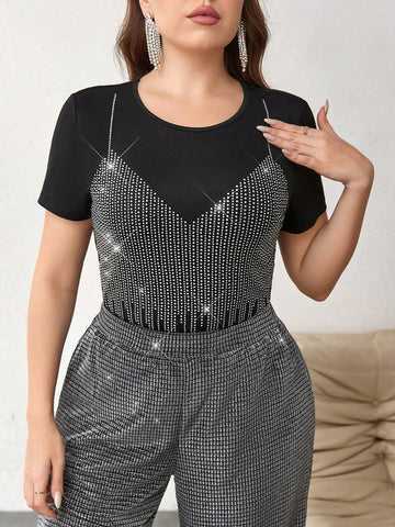 Plus Size Music Festival Round Neck Short Sleeve Fitted T-Shirt With Hot Drilling
