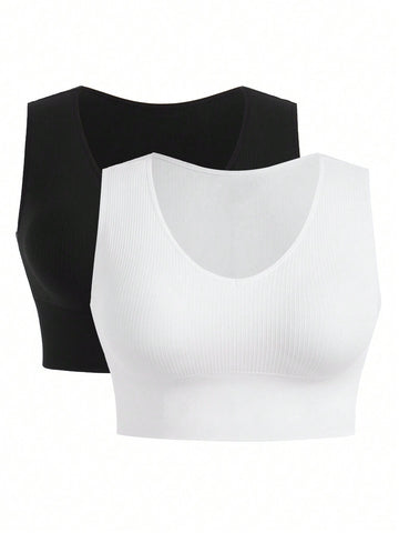 Plus Size Women's Solid Color Ribbed Sports Bra