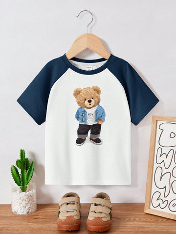 Young Boys' Casual Simple Cartoon Bear Pattern Pullover Short Sleeve T-Shirt Suitable For Summer