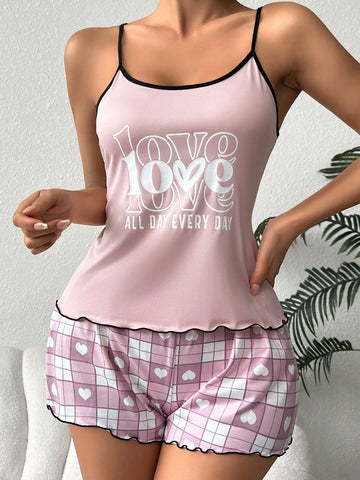 Letter Print Cami Top, Plaid Heart Shorts And Sleepwear Set