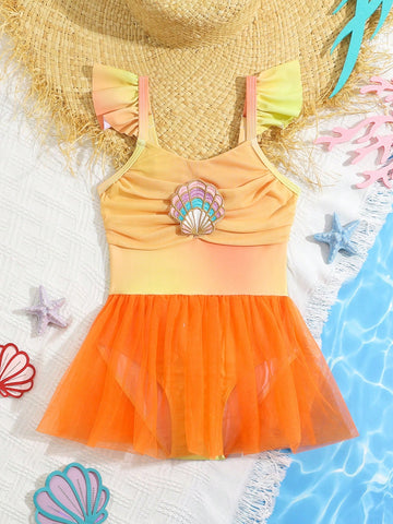 Young Girl Color Block Seashell Embroidery Pleated One Piece Swimsuit