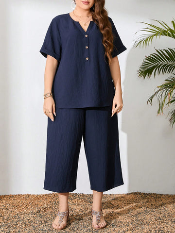 Plus Size Women's Plain Loose Fit Casual Linen Two Piece Set For Summer