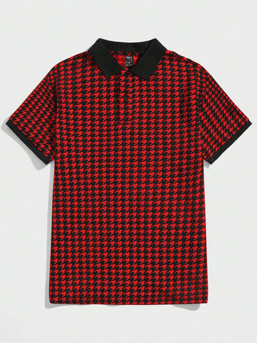 Men's Houndstooth Printed Short Sleeve Polo Shirt