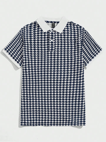 Men's Houndstooth Printed Knitted Short Sleeve Polo Shirt