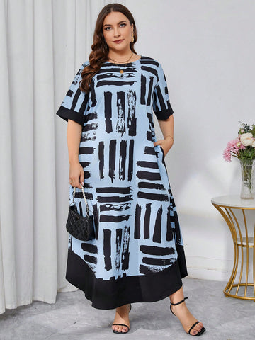 Plus Size Printed Round Neck Pocket Dress With Brushstroke Print