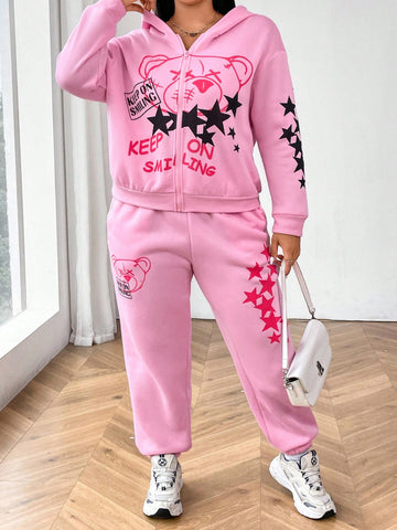 Plus Size Teddy Bear & Letter Pattern Hoodie And Sweatpants Set