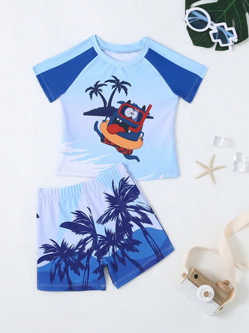 Baby Boy's Interesting Pattern Short Sleeve T-Shirt And Square Shorts Separated Swimwear Set