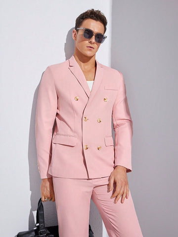Men's Woven Solid Color Double Breasted Suit Jacket And Pants Set