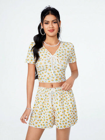 Floral Print Tie Front Short Sleeve Top And Shorts Set