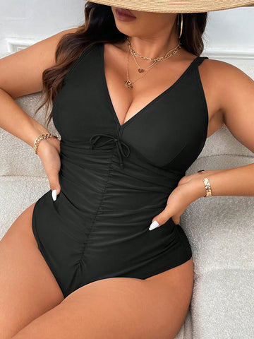 Plus Size Solid Color V-Neck Tie-Up Ruched One Piece Swimsuit