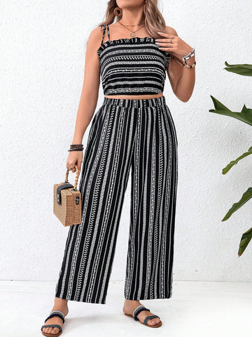 Plus Size Striped Frill Trim Decor Tank Top And Straight Pants