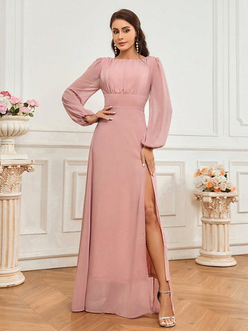 Adults' Bridesmaid Dress With Lantern Sleeves, Slit Design And Pleats On Upper Body