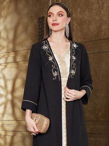 Women's Modest Full Length Robe Abaya With Rhinestone Decoration