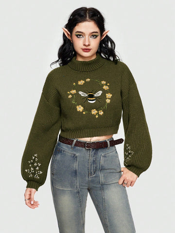 Women'S Bee Embroidered Turtleneck Sweater