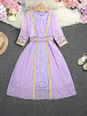 Young Girl's Lace Tank Dress And Patchwork Woven Belt Front Zip Jacket