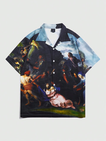Men's Loose Fit Short Sleeve Casual Beach Shirt With Oil Painting Print For Summer