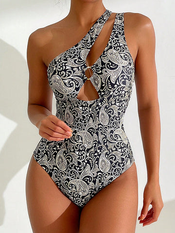 Women's One-Piece Swimsuit With Floral Print And Hollow Out Design