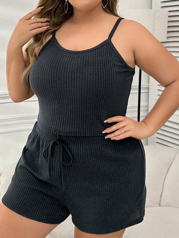 Plus Size Solid Color Comfortable Sleepwear Set With Ribbed Design