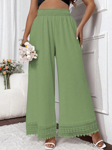 Plus Size Solid Color Wide Leg Pants With Lace Splicing