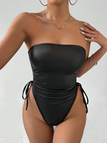 Solid Color Strapless Bodysuit With Drawstring Detail At Side