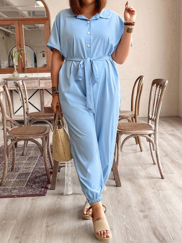 Plus Size Women's Solid Color Short Sleeve Shirt Jumpsuit With Round Neck