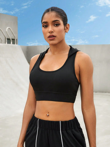 Women's Solid Color Cropped Hooded Sports Bra