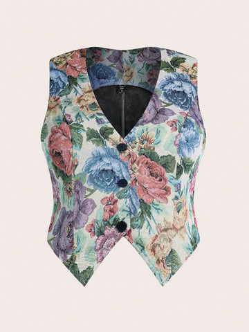 Plus Size Women's Jacquard Floral Single-Breasted Suit Vest