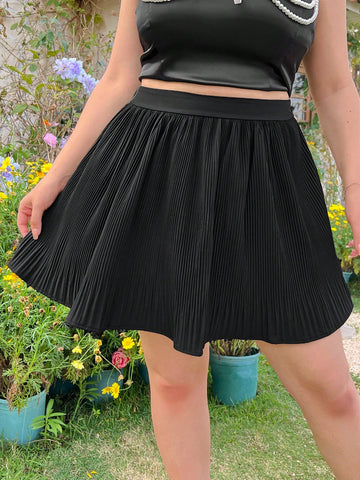 Plus Size Elastic Waist Pleated Midi Skirt