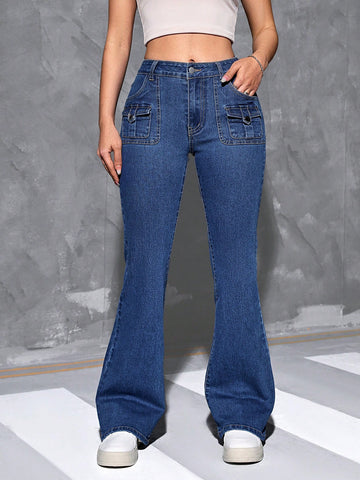 Casual Denim Flare Pants With Slanted Pockets