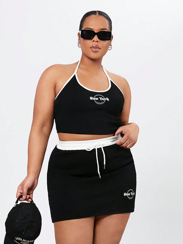 Plus Size Casual Crop Top With Letter Print And Drawstring Waist Midi Skirt Set